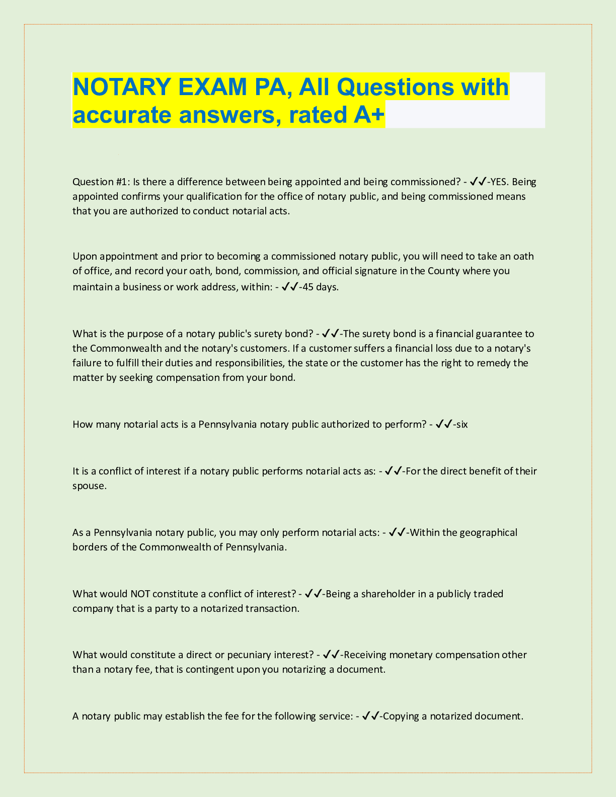 Preview image for NOTARY EXAM  2022/2023 WITH 100% CORRECT ANSWERS